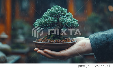 Trimming a Small Bonsai Tree with Focus on Peaceful Hands in Rainy Environment 125153971
