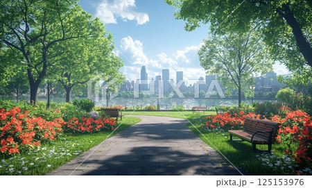 Tranquil Urban Nature Scene with Lush Park and Skyline Framed by Beautiful Trees 125153976