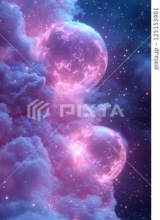 Enchanting Luminous Landscape of Cosmic Peace with Two Glowing Celestial Bodies 125153981