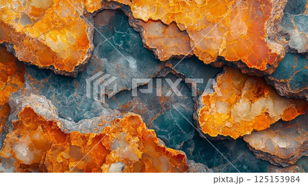 Polished Orange and Teal Stone Surface with Irregular Abstract Patterns 125153984