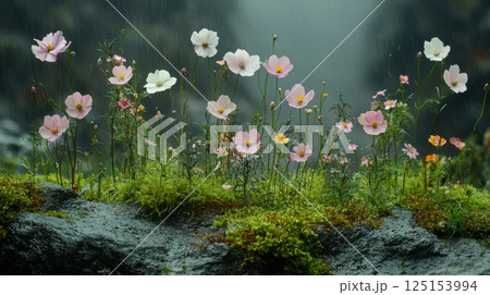 Whimsical Floral Arrangement in Peaceful Fairy Tale Setting with Soft Rainfall 125153994