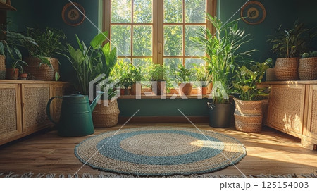 Serene Corner with Abundant Houseplants and Natural Light in a Cozy Interior Space 125154003