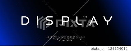 Futuristic minimalist display font with rounded geometric letters, clean digital style alphabet. Modern tech-inspired typeface for sci-fi space branding, clean UI, HUD, logo design. Vector typeset 125154012