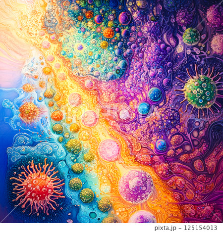 Vibrant abstract cellular composition with colorful bubbles and organic patterns 125154013