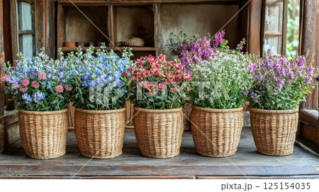 Vibrant Rustic Flower Bouquets in Woven Baskets on a Wooden Shelf 125154035