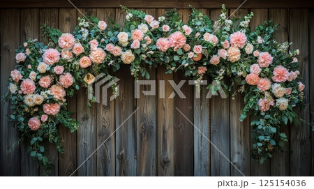 Elegant Floral Garland with Cascading Greens Against Rustic Wooden Background 125154036