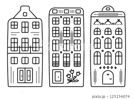 Typical Dutch architecture, three canal houses in Amsterdam style. Set of black line Netherland buildings, vector illustration Typical Dutch architecture, three canal houses in Amsterdam style. Set of black line Netherland buildings, vector illustration 125154074