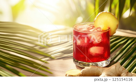 Caribbean sorrel drink with ice and fresh ginger served outdoors - vivid tropical refreshment with bold color and traditional flavor. 125154116