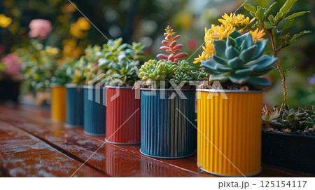 Whimsical Arrangement of Colorful Succulents in Upcycled Cans with Natural Elements 125154117