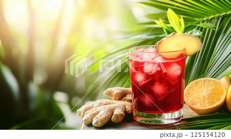 Bright red sorrel drink with ice cubes and fresh ginger slices in a clear glass, tropical background with palm leaves, table with fruit, sunlight reflections, refreshing and bold visual 125154120