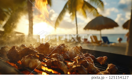 Close-up of jerk chicken sizzling on a charcoal grill, smoky flames, colorful Caribbean spices, beach in the background, palm trees, sunny light, authentic street food moment, warm tones Close-up of jerk chicken sizzling on a charcoal grill, smoky flames, colorful Caribbean spices, beach in the background, palm trees, sunny light, authentic street food moment, warm tones 125154127