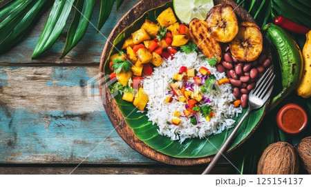 Overhead view of traditional Caribbean meal served on banana leaf: coconut rice, fried plantains, beans, colorful vegetables, rustic wooden table, bright tropical setting, natural light 125154137