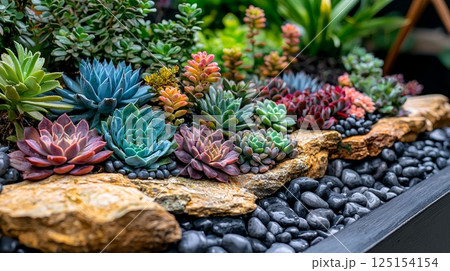 Vibrant Succulent Garden with Smooth Pebbles and Colorful Pastel Plants 125154154