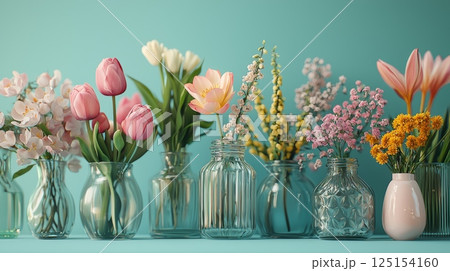 Spring Flowers in Pastel Hues Arranged Elegantly in Glass Vases on Soft Background 125154160