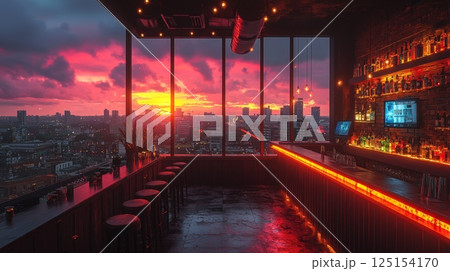 Urban Rooftop Bar at Sunset with Scenic View and String Lights 125154170
