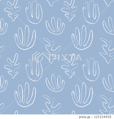 Seaweed silhouette seamless pattern on white background. Hand drawn doodle illustration. Underwater sea life summer holiday. Blue seaweed, algae design element set 125154459