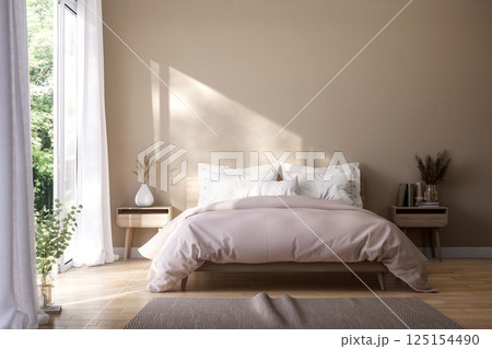 Modern contemporary style beige bedroom with nature view 3d render 125154490