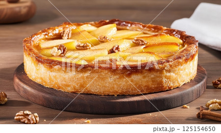 Rustic apple pie with flaky lattice crust and golden caramel filling. A cozy homemade dessert styled with powdered sugar on ceramic plate. Perfect for winter comfort food scenes. 125154650