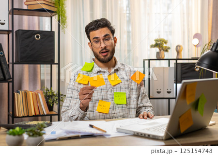 Indian businessman work on laptop sticky notes with many tasks inscription overworked at office Indian businessman work on laptop sticky notes with many tasks inscription overworked at office 125154748