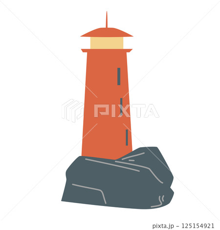 Lighthouse illustration. Isolated lighthouse on rock on white background. Lighthouse illustration. Isolated lighthouse on rock on white background. 125154921