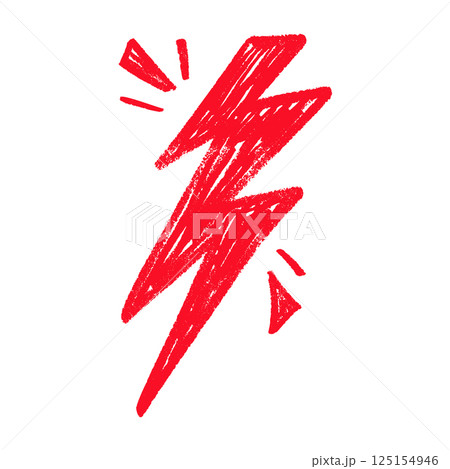 Red Hand draw thunder bolt with zappy doodle lines. Electric lightning flash energy symbol. Flat vector illustration isolated on white background. Red Hand draw thunder bolt with zappy doodle lines. Electric lightning flash energy symbol. Flat vector illustration isolated on white background. 125154946