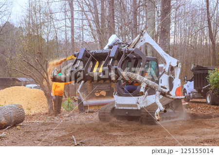 Heavy machinery efficiently removes large tree limbs following storm in wooded area in during deforestation Heavy machinery efficiently removes large tree limbs following storm in wooded area in during deforestation 125155014
