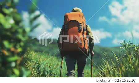 Hiker With Backpack Trekking Through Lush Green Landscapes Under Blue Skies 125155216