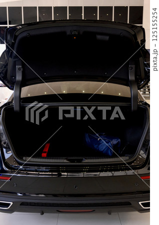 Large black empty car trunk. Open car trunk close up 125155254