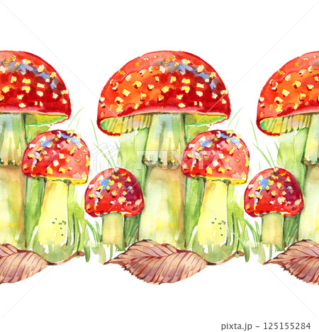 Watercolor floral seamless border. Hand painted autumn forest mushrooms, fly agaric isolated on white background. illustration for card design, harvest print 125155284