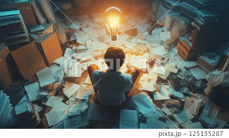 Young Thinker Amidst Chaos Illuminated by a Bright Lightbulb 125155287