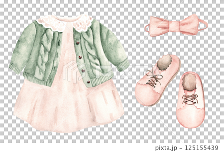 Girl warm Clothes Set. Dress and Cardigan, Hair band with Bow and pink Booties in vintage style. Watercolor hand drawn illustration. Kids cute design elements for Kid greeting or birthday cards, baby Girl warm Clothes Set. Dress and Cardigan, Hair band with Bow and pink Booties in vintage style. Watercolor hand drawn illustration. Kids cute design elements for Kid greeting or birthday cards, baby 125155439