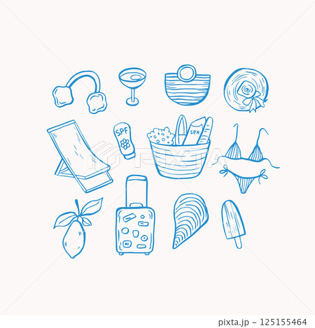 Sea life doodle hand drawn vector illustrations. Mediterranean life in blue color 125155464