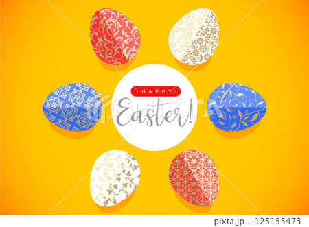 A vibrant Easter flat style illustration featuring eggs with intricate patterns arranged in a circular composition on a bright yellow background. For holiday greetings banner, festive design 125155473