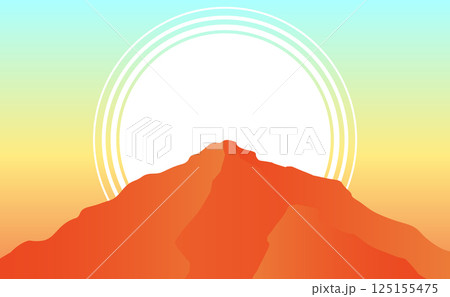 Minimalist vector landscape with a vibrant orange mountain, soft gradient sky, and abstract sun with circular lines. Perfect for backgrounds, posters, and nature-themed designs 125155475