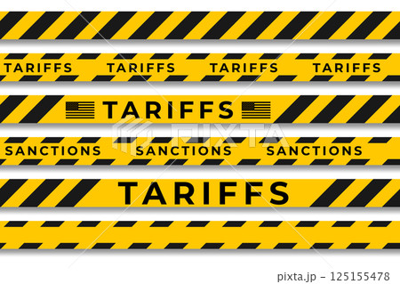 Set of seamless yellow and black striped warning tapes, words Tariffs and Sanctions, including tape with USA flag isolated on white. For trade restrictions, financial sanctions, and economic policy. 125155478