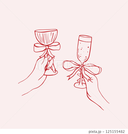 Vector red glas with red whimsical bow and cherry 125155482