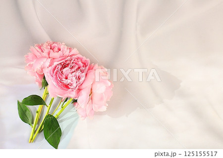 Bouquet of delicate flowers peonies, roses on a sunny table for a gift to loved ones. Spring still life and banner for the screen, elegant beauty concept, template for design. Bouquet of delicate flowers peonies, roses on a sunny table for a gift to loved ones. Spring still life and banner for the screen, elegant beauty concept, template for design. 125155517