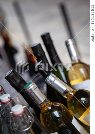 Close up of wine and water bottles 125155613