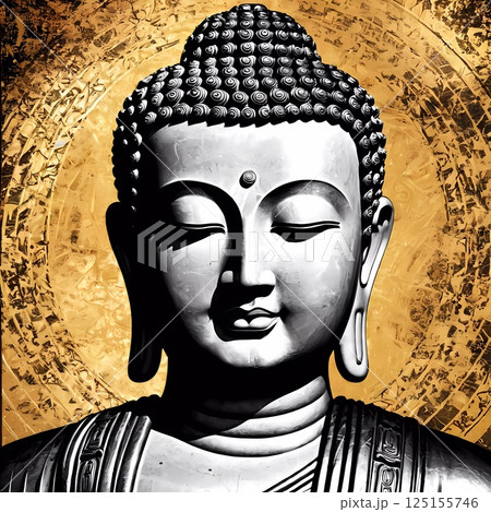 A serene Buddha statue graces a tranquil temple, its intricate details reflecting light beautifully. The golden background enhances the aura of peace and wisdom that surrounds it Generative AI 125155746