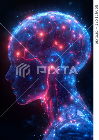 Futuristic human brain with neural connections and glowing synapses in technological visualization 125156068