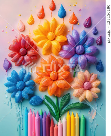 Colorful floral artwork created with paint and crayons on a bright background showcasing various flower styles Generative AI 125156190