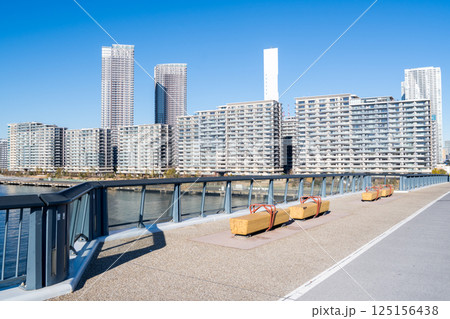 【豊洲大橋】早朝の橋上風景と都市風景 125156438