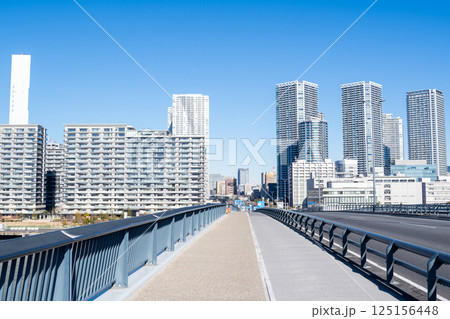 【豊洲大橋】早朝の橋上風景と都市風景 125156448
