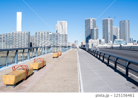 【豊洲大橋】早朝の橋上風景と都市風景 【豊洲大橋】早朝の橋上風景と都市風景 125156461