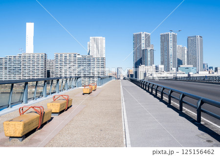 【豊洲大橋】早朝の橋上風景と都市風景 【豊洲大橋】早朝の橋上風景と都市風景 125156462