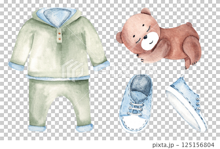 Baby Boy Set. Sweatshirt and pants, Sneakers and plush Teddy Bear Toy. Watercolor hand drawn illustration in boho style. Kids cute design elements for children greeting or birthday cards, baby shower. 125156804