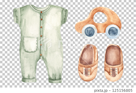 Baby Boy Set, Bodysuit or Jumpsuit, Shoes, brown leather moccasins and wooden Car Toy. Watercolor hand drawn illustration in eco style. Kids cute design elements for children greeting or birthday 125156805