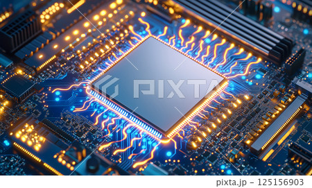 ハイパーリアルなCPUと電子回路のトップダウンマクロ写真 125156903