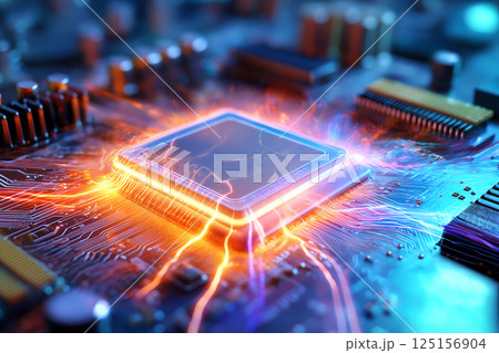 ハイパーリアルなCPUと電子回路のトップダウンマクロ写真 125156904