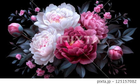 Elegant pink and white peonies with green leaves on black background 125157082